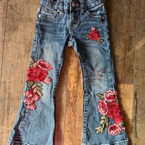 Rock & Roll Cowgirl Kids Blue Denim Flare Jeans with Red Floral Embroidery
